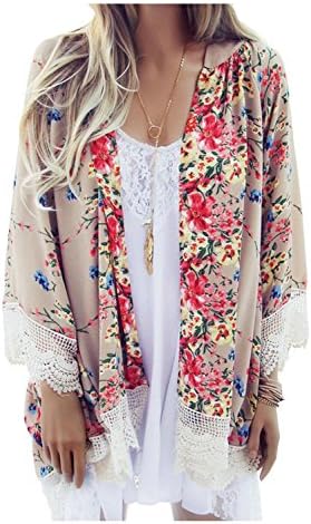 imimimomo Women's Sheer Chiffon Blouse Casual Loose Tops Outwear Kimono Floral Print Cardigan (Beige, L)