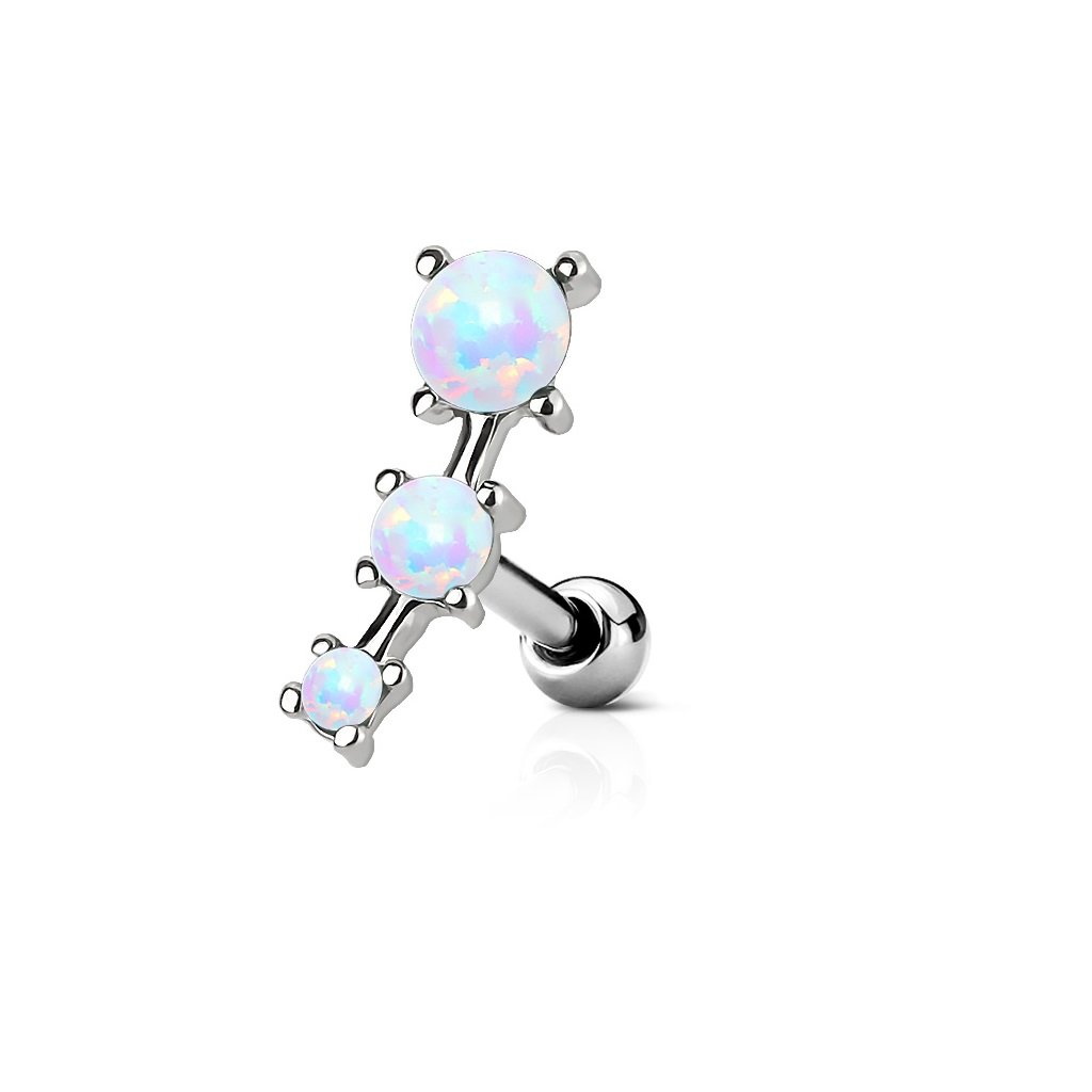 PiercedOff 316L Surgical Steel Externally Threaded Cartilage Barbell with Triple White Synthetic Opals - Thickness 16GA (1.2mm) / Bar Length : 6mm / Ball Size 3mm / Top length 14mm