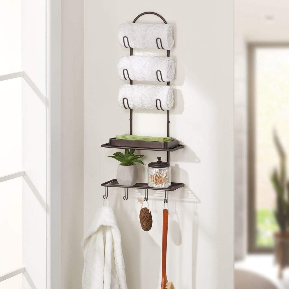 mDesign Wall Shelf with Hooks – Metal Wire Bathroom Shelf with 2 ...