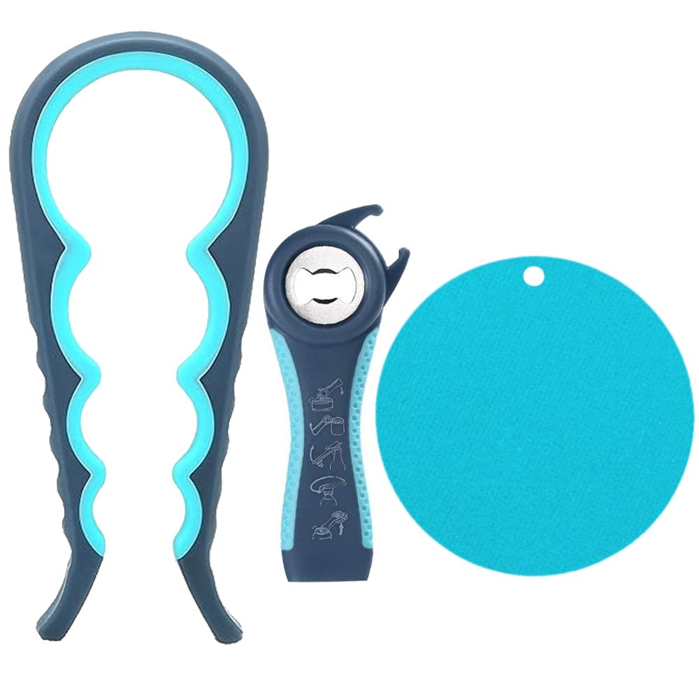 Starchef Jar Opener Set Get Off Lids Easily for Senior,Arthritis and People with Low Strength, Anti-Slip Durable Can Jar Bottle Opener,with Can Opening Pad for Bonus(Blue)