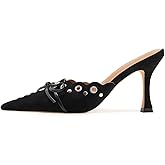ATBELL Kitten Heel Mules for Women Bow Tie Suede Stiletto Heels Mule Pointed Toe Studs Slide Heeled Sandal Pumps for Wedding Dress Party