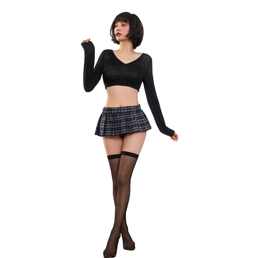SINMIUANIME Sexy Lingerie Pleated Short Skirt JK Student Uniform Sexy Sweater Cosplay Lingerie Set (Black)