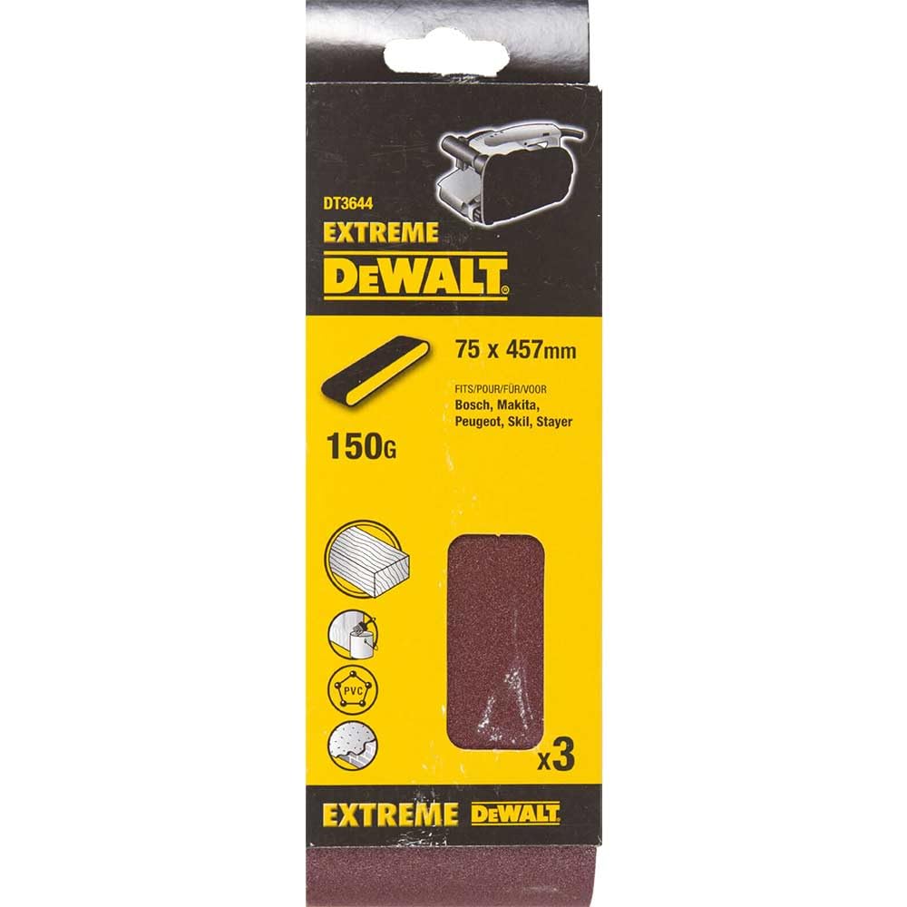Dewalt Sanding Belts, 75 x 457mm, Grit Size 150, Pack QTY 3 DT3644-QZ