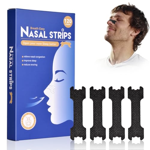 Tiras Nasales Antironquidos - 120 Nasal Strips para Alivio Instantáneo de la Congestión, Mejor Respiración y Sueño, Ideales para Deporte, Mejoran la Oxigenación - Hipoalergénicas y Seguras para la Piel (Negras)