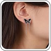 Andelaisi Boho Butterfly Chain Earrings Black Enamel Butterfly Earrings Vintage Butterfly Studs Earrings Minimalist 3D Butterfly Earrings Jewelry for Women