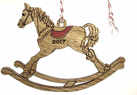 Christmas Tree Ornament - Wooden Rocking Horse Inlaid Red Wood Saddle Dated 2017