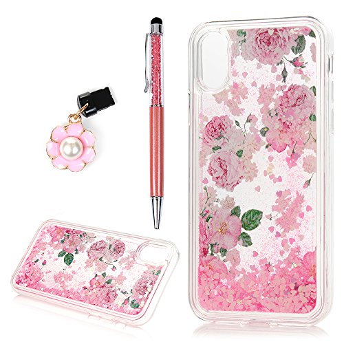 iPhone X Case for Girls, Liquid Glitter Sparkle Luxury Fashion Bling Flowing Liquid Floating Quicksand Cute Clear TPU+Shockproof Protective Cover Skin Shell for iPhone X by YOKIRIN, Pink Rose
