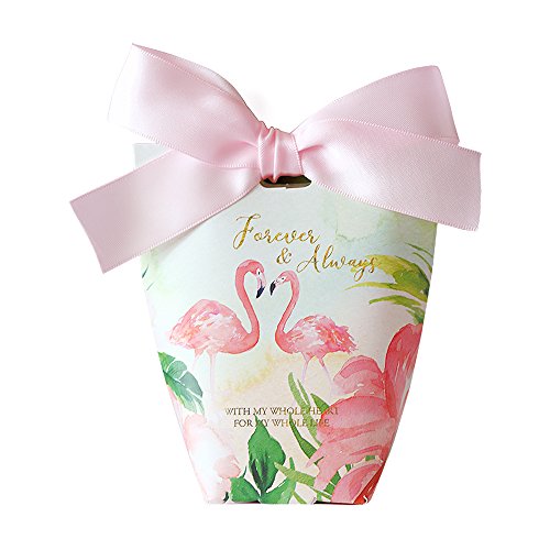 Colias Wing 50 pcs Adorable Flamingo Pattern Wedding Birthday Party Favor Candy Boxes with Ribbon-Medium-Pink