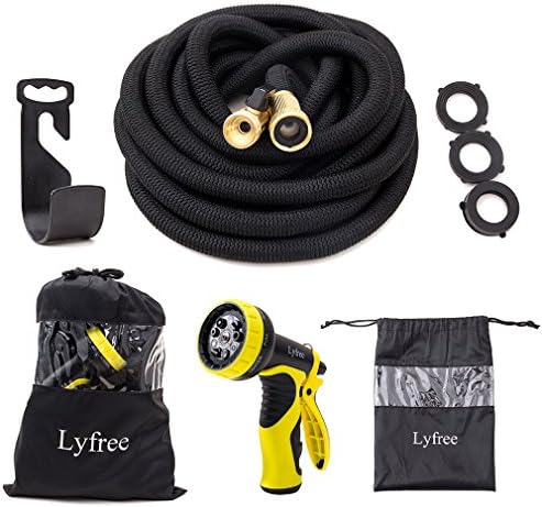 Lyfree Garden Hose 50 Feet Expandable Hose With All Brass Connectors, 9 Pattern Spray Nozzle And High Pressure, Expanding Garden Hose 50FT (50FT, Yellow)