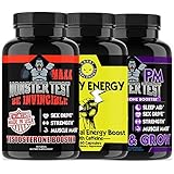Angry Supplements Monster Test MAXX Testosterone Booster + Angry Energy + Monster PM 3-Bottle Bundle - Maximum Strength Power Pack for Men, Non-GMO Pills for Day & Sleep Aid for Night (3-Pack,210ct)