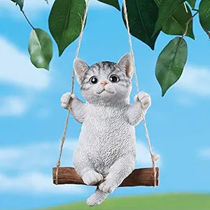 Hanging Cat Statues Garden Decor by Elfengarden, Cute Swing Cat Sculpture Outdoor Patio Ornament, Animal Resin Figurine Art Decorative Indoor Home Office, Gifts for Cat Lovers for Women [Grey]
