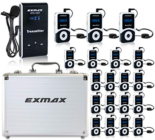 EXMAX Wireless Tour Guide System Monitoring System Interpretation Equipment ATG-100T 195MHz for Courthouses Churches International Conference(1 Transmitter + 19 Receivers + Silver Storage Case)