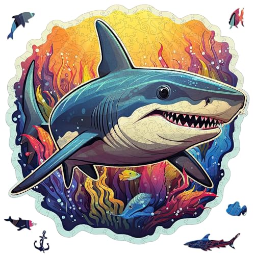 Qiuenisray Wooden Puzzles for Adults 500 Pieces, Wood Adult Puzzle, Shark Decor Jigsaw Puzzles, FSC Certified Unique Shape Ocean Adult Puzzles Pieces, Creative Gift for Family Game 16.7x16.5 in Image