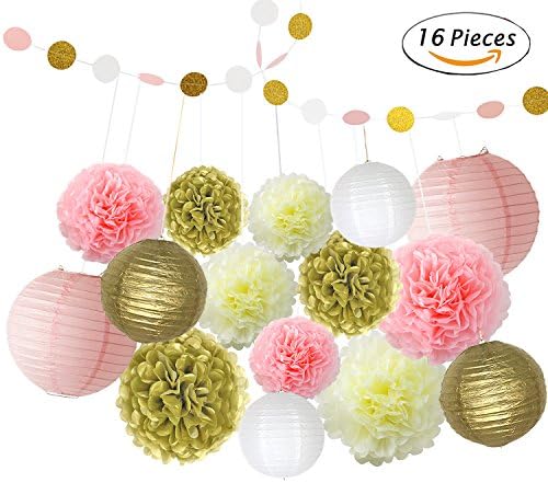 16 Pcs Pink and Gold Party Decorations Set with Tissue Paper Pom-Poms Paper Lanterns Glitter Gold Circle Dots Garland for Wedding Favors Baby Shower Birthday Party Decorations