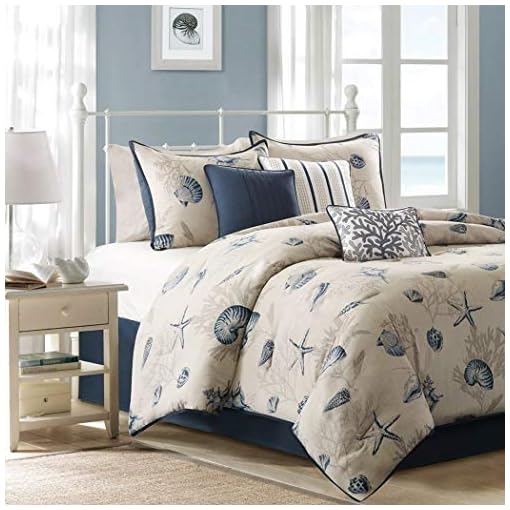 7 Piece Ivory Blue Ocean Themed Queen Comforter Set, Beach Pattern