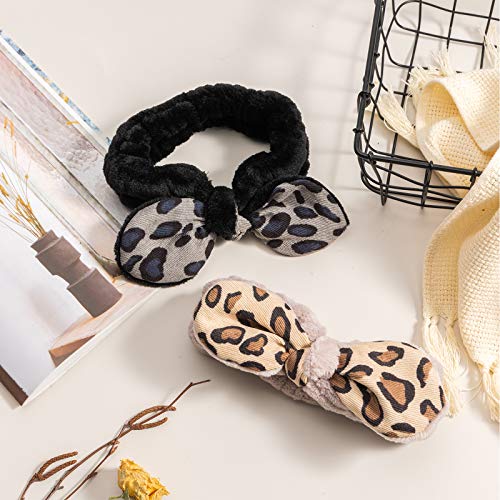 Shindel 6PCS Bowknot Leopard Spa Headbands, Coral Fleece Facial Makeup Headband Leopard for Yoga Sports Shower