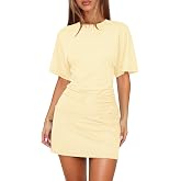 Pungdra T Shirt Dresses for Women Ruched Cinched Waist Dress | Crew Neck,Short Sleeve,Batwing,Cinched Waist,Bodycon Dresses,Summer,Casual,Graduation Short Dress.
