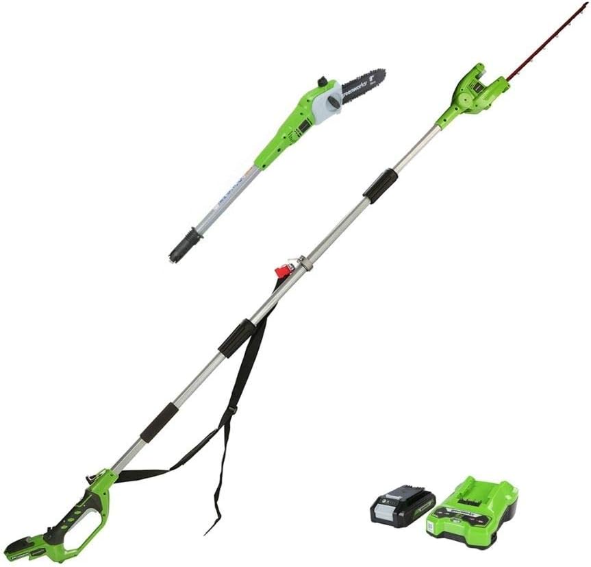 Greenworks G24PSHK2 Cordless 2-in-1 Pole Saw and Pole, Pole Saw 20cm Bar