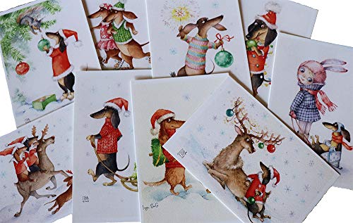 MashaByMasha Christmas greetings postcards cards 9 psc set Inga Izmaylova SMG Doxie Dachshunds Dogs, 4