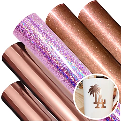 Rose Gold Chrome and Glitter Adhesive Vinyl, 12" x 12" Sheets, Rose