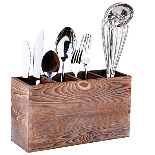 Rustic Utensil Caddy, 4 Adjustable Compartments Wooden Silverware Caddy