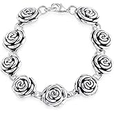 Savlano 925 Sterling Silver 17mm Italian Rose Link Chain Bracelet - 7.5 inch Hollow Flower Rose Bracelet for Women - Made in Italy Comes with Gift Box