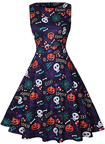 Owin Women's Floral 1952s Vintage Swing Cocktail Party Dress with Pumpkin Bone Decoration Halloween Party Dress