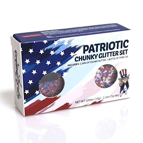 USA Colors Chunky Glitter Kit with Cosmetic Glue (2 Jars x 5g Each - Blue, Red & White) for America's Patriotic Events 4th of July, Independence Day, Veterans Day, Presidents Day and More - Non-Toxic