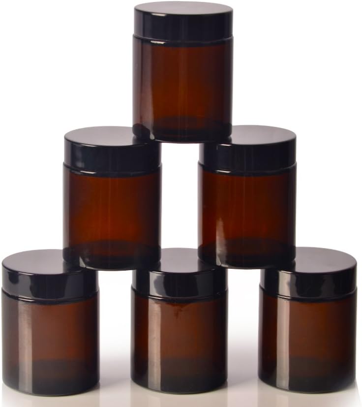 SHiZAK 120ml 4 oz Amber Round Glass Jars with Black Lids and White Inner Liners Great Perfect for Cosmetics and Face Cream Lotion and Personal Care Products and More (Pack of 6)