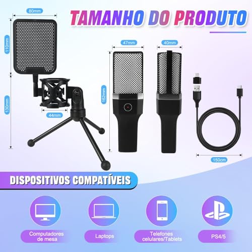 Microfone de Mesa, Microfone USB para PC com Suporte, Streaming, Podcasts, Gravação, para Computador no Mac/PS4/PS5, Microfone Gamer