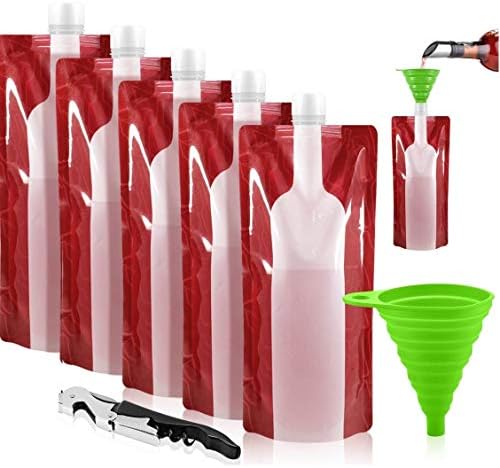 Foldable Wine Bag, 750 ml, Portable Reusable Plastic Wine Bottle Pouch, LEBERNA 5 Pack Collapsible Liquid Leak Proof Flask Holder for Liquor Beverages Camping BBQ Travel Gift | Funnel & Bottle Opener