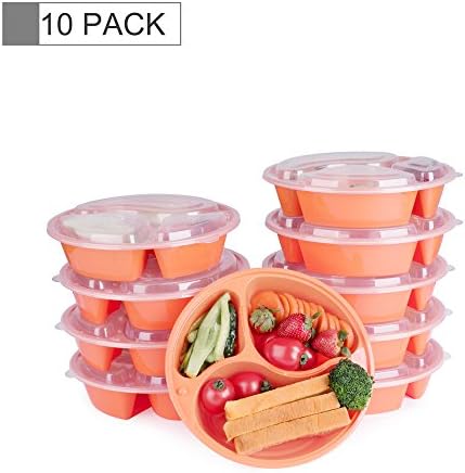 Glotoch 39 Ounce BPA Free Plastic Meal Prep Containers with Lids, 3 Compartment Lunch Box &amp; Round Food Containers, Microwave &amp; Freezer &amp; Dishwasher Safe Containers &amp; Bento Boxes, Orange, 10 Count