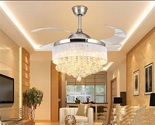 Ceiling Fans with Lights 42" Modern LED Crystal Ceiling Fan and Light with Remote Control,Retractable Blades Fanfor Living Room Bedroom Restaurant Three Color Changing Fan Chandelier Lighting