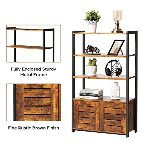 KICODE Bathroom Storage Cabinet, Industrial Storage Rack with 4 Tiers Shelves and Storage Cabinet, Wood Looks Accent Furniture, Floor Storage Organizer for Bathroom, Living Room, Office, Rustic Brown