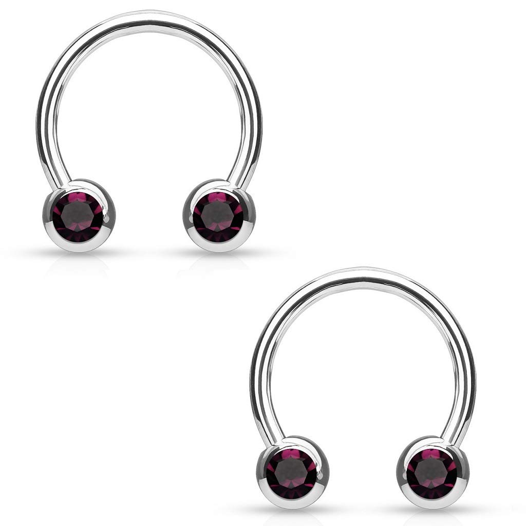 PiercedOff 316L Surgical Steel Horseshoe with Front Facing Purple CZ Balls - Thickness 16GA (1.2mm) / Diameter 10mm / Ball Size 4mm - Sold as a Pack of 2 Horseshoes