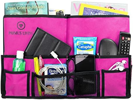 Primus Living Hanging Bedside Caddy Organizer (19 x 11 x 3 Inches) - Strong Velcro, Durable Stitching, 10 Pockets, Teal Pink Black