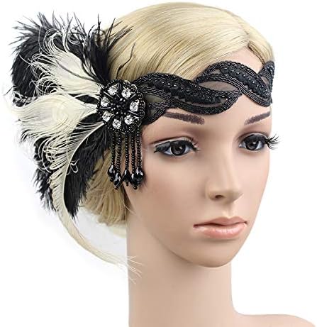 Mariott - 1920s Flapper Headpiece Roaring 20s Great Gatsby Headband Black Feather Headband 1920s Flapper Gatsby Hair Accessories