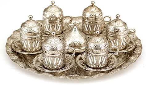 Turkish Style Coffee Serving Cups with Holders Lids, Saucers and Tray 6 pcs Set, Tulip (silver)