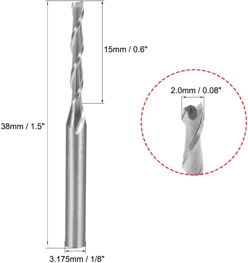 sourcingmap 5PCS 1/8" Shank 2.0mm x 15mm Carbide End Mill CNC Router Bits 2 Flute Milling Bit for Acrylic PVC MDF Wood - Image 4