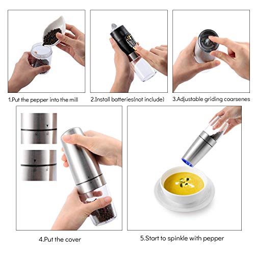 Electric Gravity Pepper Grinder Set, Automatic One-Hand Operated Salt And Pepper Grinder Set, Adjustable Coarseness Refillable Salt Grinders With LED Light(Set of 2), Silver