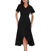 WOMLAYOUT Women's Wedding Guest Dress Ruffles Split V Neck Cocktail Evening Flared Midi Dresses