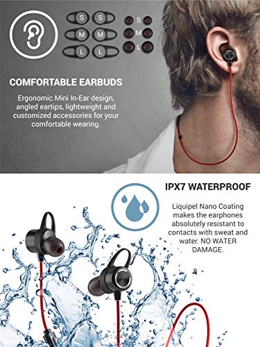 Diginex | Bluetooth Earbuds | Wireless Magnetic Headset | Sport Earphones for Running | IPX7 Waterproof Headphones | 9 Hours Playtime | Stereo Sound | Noise Cancelling Mic | 1 Hour Recharge - Red