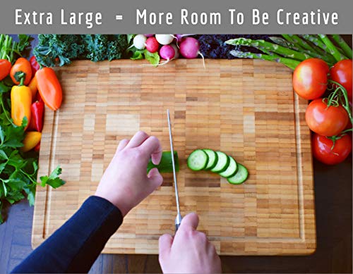 Extra Large Bamboo Butcher Chopping Block By Neet - Ultra Thick Heavy & Solid Cutting Board (18"x 13" x 2" Inch) Organic Anti-Bacterial Great For Wooden Serving Trays & Cheese Platters w/Handles