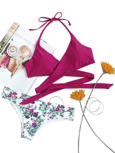 SOLYHUX Women's Floral Halter Wrap Knotted Back Bikini Set Burgundy S - Thumbnail 3