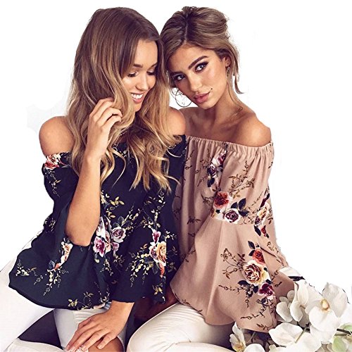 Sweetichic Women’s Casual Floral Off the Shoulder Bell Sleeve Chiffon Blouse Shirt Tops (L, Apricot)