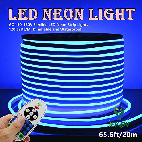 LED NEON Light, IEKOVTM AC 110-120V Flexible LED Neon Strip Lights, 120 LEDs/M, Dimmable, Waterproof 2835 SMD LED Rope Light + Remote Controller for Home Decoration (65.6ft/20m, Blue)