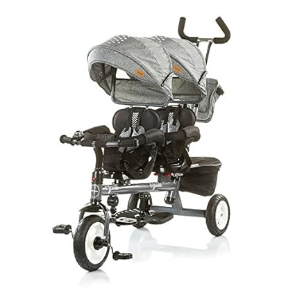 Chipolino Tricycle Dreirad Apollo für Zwillinge mit Lenkstange, Sonnendach, Korb (Grau)