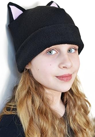 Luzreal Women's Fleece Cat Beanie Hat (Large, Black)
