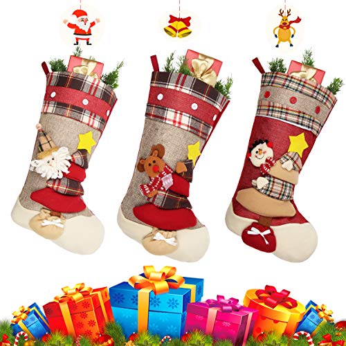 Aiduy Christmas Stockings, 3 Pack 18" Large Size Xmas Stockings Decorations with 3D Santa Snowman Reindeer Fireplace Hanging Stockings for Family Holiday Season Decor and Party Accessories