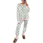 Pinclodly Christmas Pajamas for Women Cute Bow Christmas Tree 2 Piece Lounge Set Contrast Striped Banding Pajama Sets